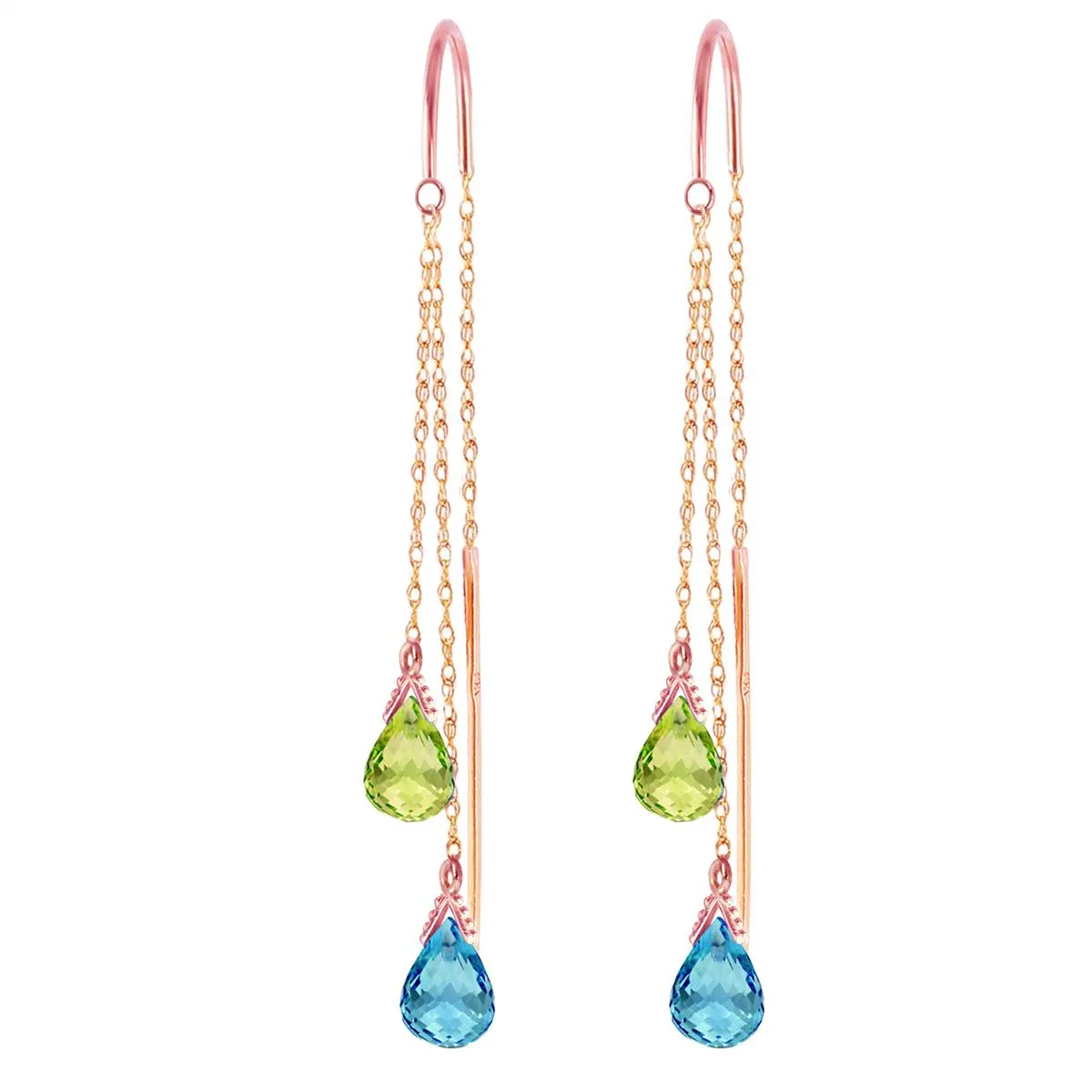 14K Solid Rose Gold Threaded Dangle Earrings w/ Blue Topaz & Peridots
