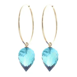 14K Solid Yellow Gold Hoop Earrings w/ Pointy Briolette Drop Blue Topaz