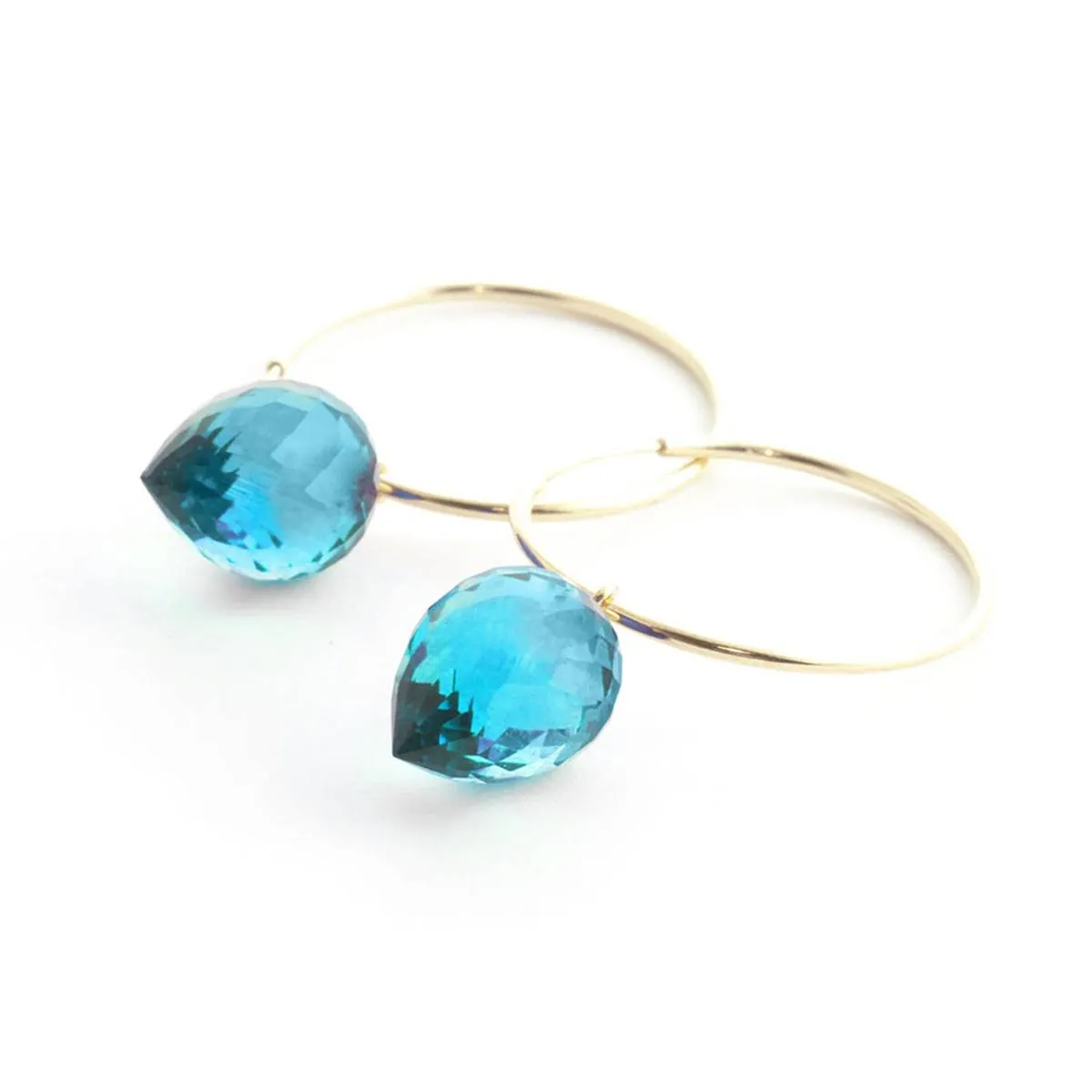 14K Solid Yellow Gold Hoop Earrings w/ Pointy Briolette Drop Blue Topaz