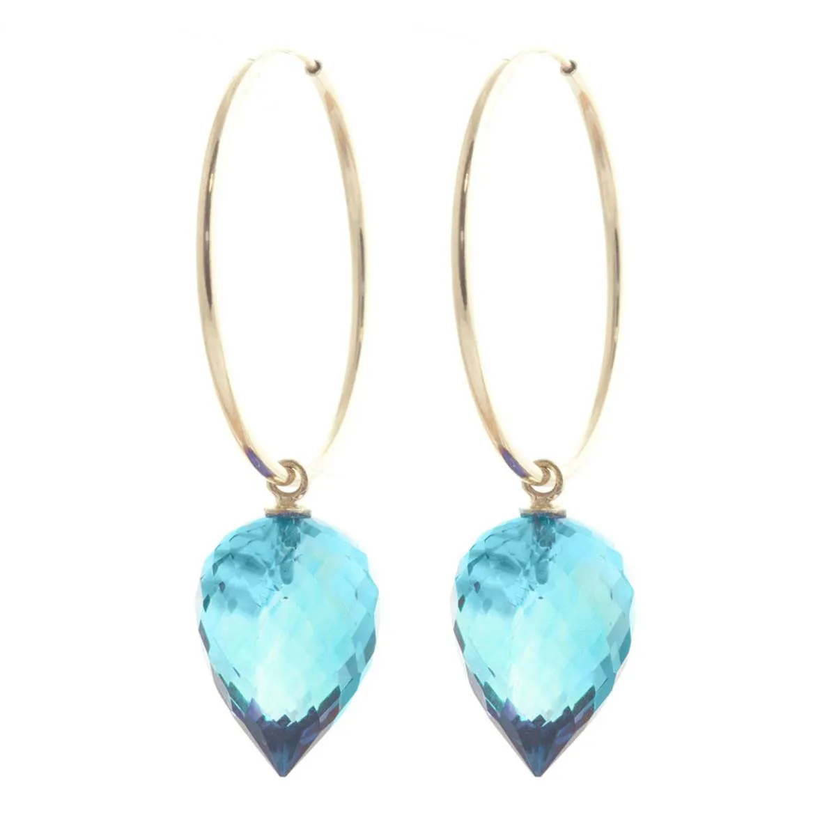14K Solid Yellow Gold Hoop Earrings w/ Pointy Briolette Drop Blue Topaz