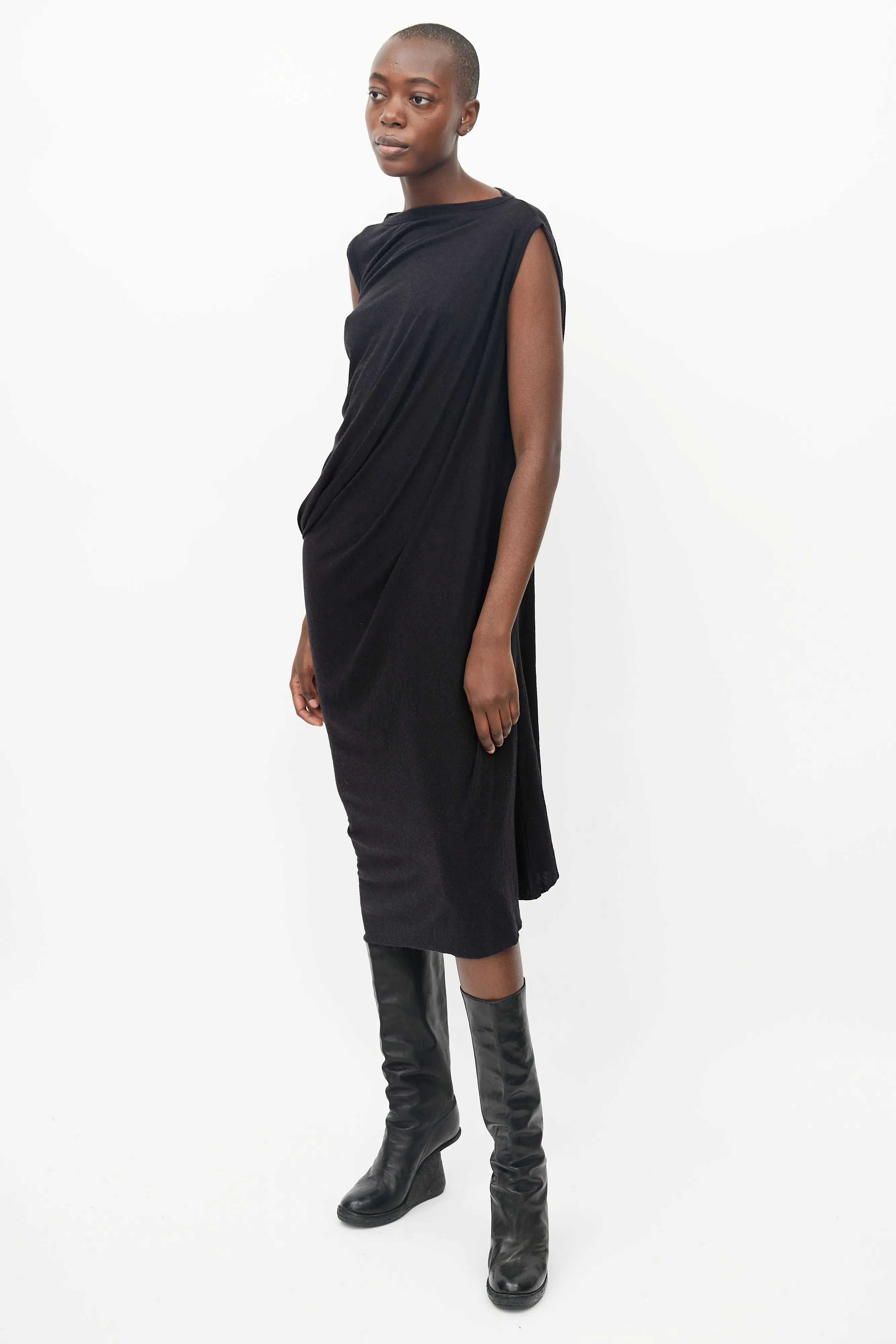 Black Sleeveless Side Drape Dress