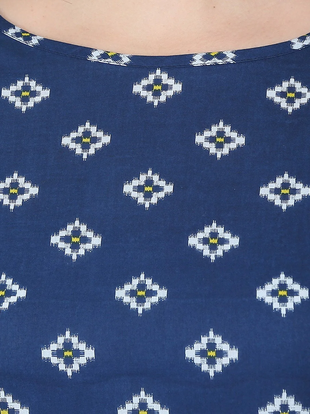 Blue Printed 3/4Th Sleeve Cotton Double Pocket Kurta With Yellow Flared Ankle Length Skirt