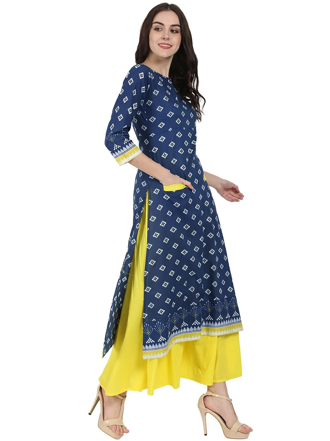 Blue Printed 3/4Th Sleeve Cotton Double Pocket Kurta With Yellow Flared Ankle Length Skirt