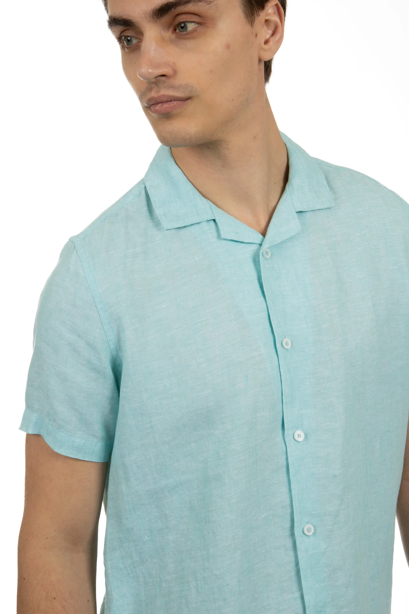 Blue Tint Short Sleeve Linen Cuban Collar Shirt