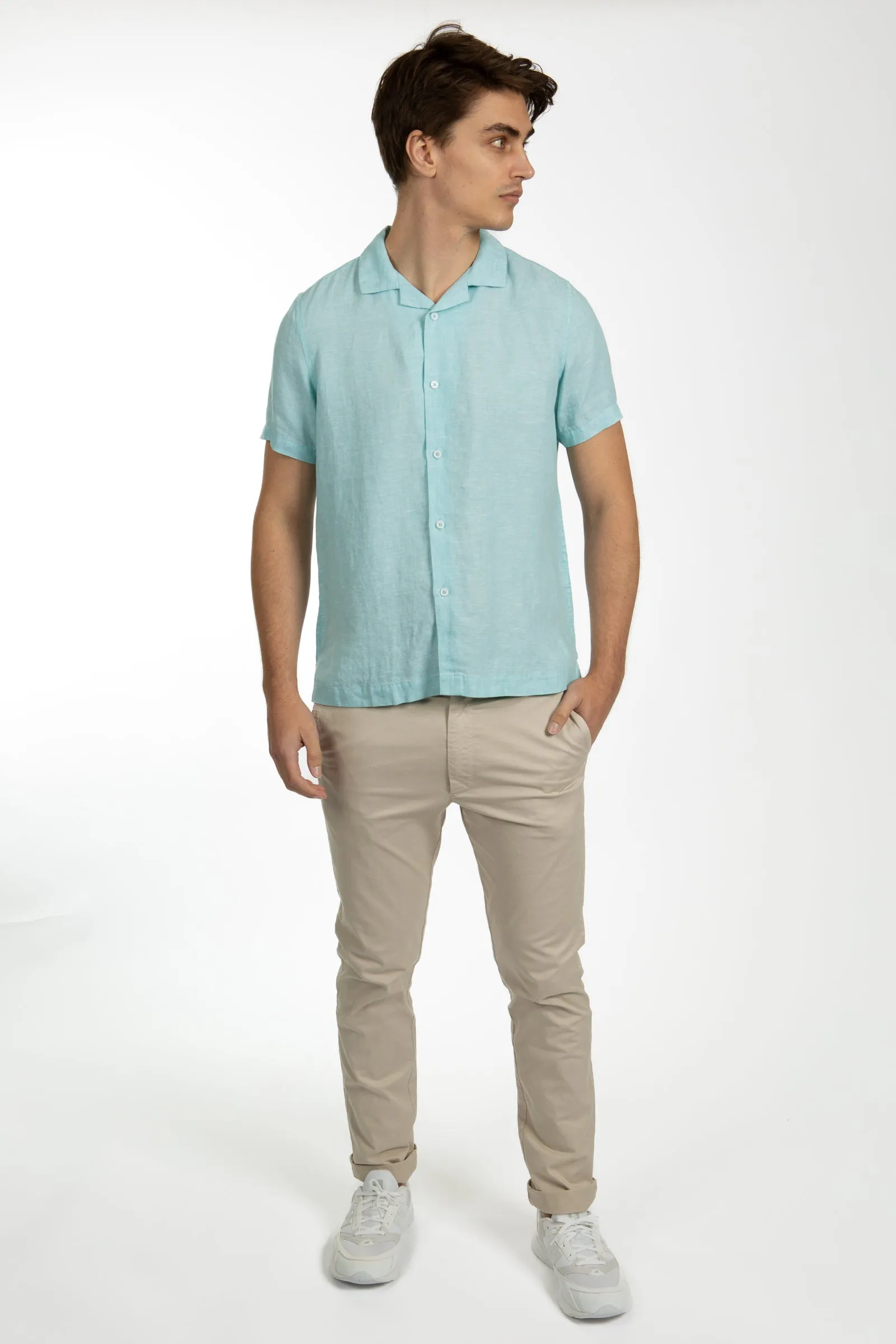 Blue Tint Short Sleeve Linen Cuban Collar Shirt