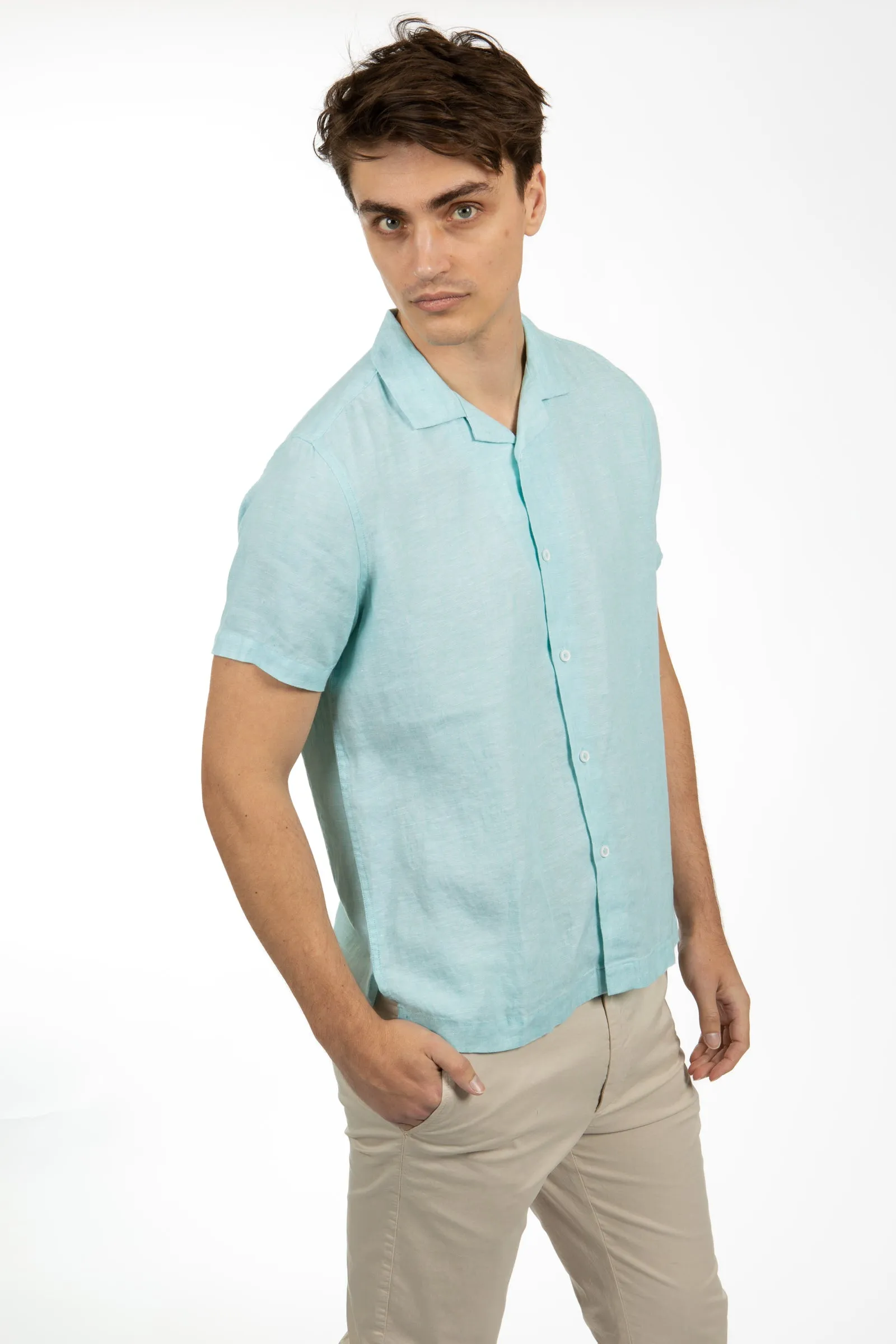 Blue Tint Short Sleeve Linen Cuban Collar Shirt