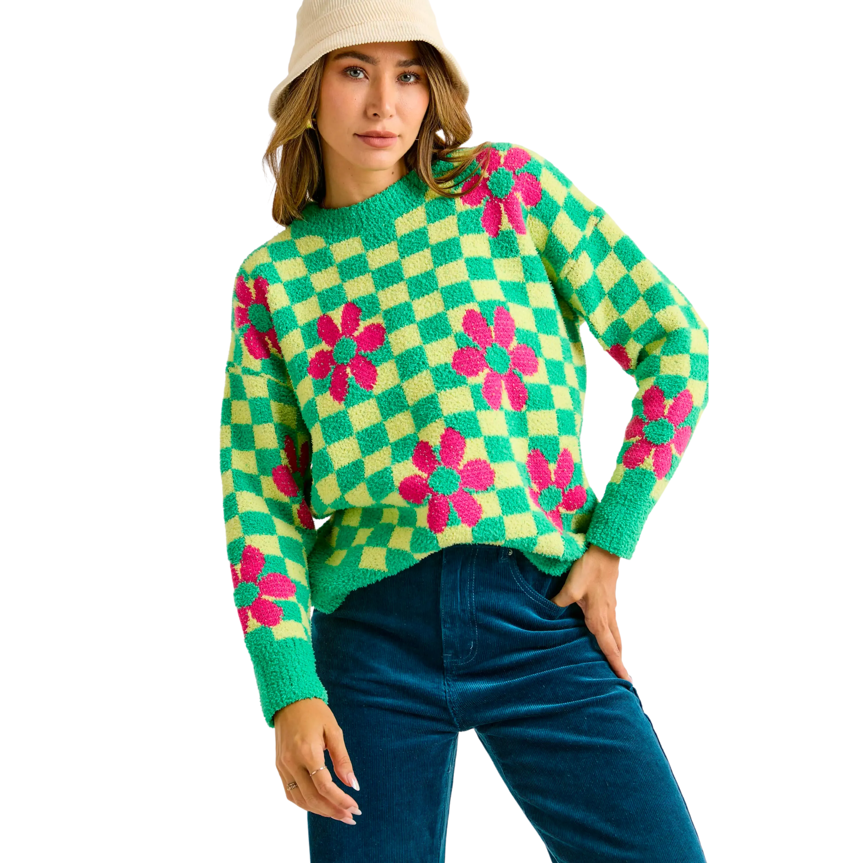 Checked Printed Round Neck Sweater Top