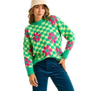 Checked Printed Round Neck Sweater Top