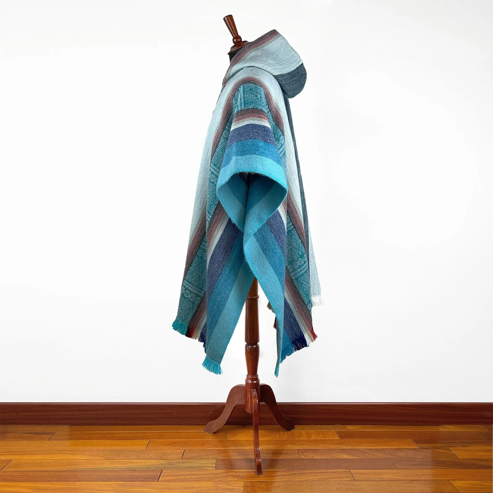 Chobshi - Lightweight Baby Alpaca Wool Hooded Poncho - Turquoise Blue - unisex