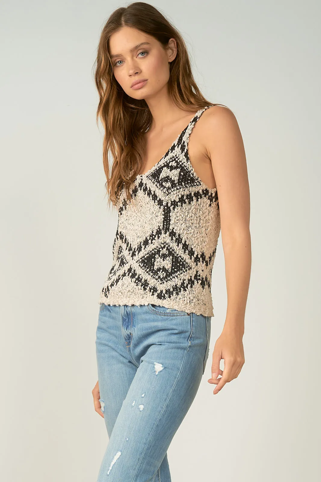 Elan Black and Cream Print Tank Sweater