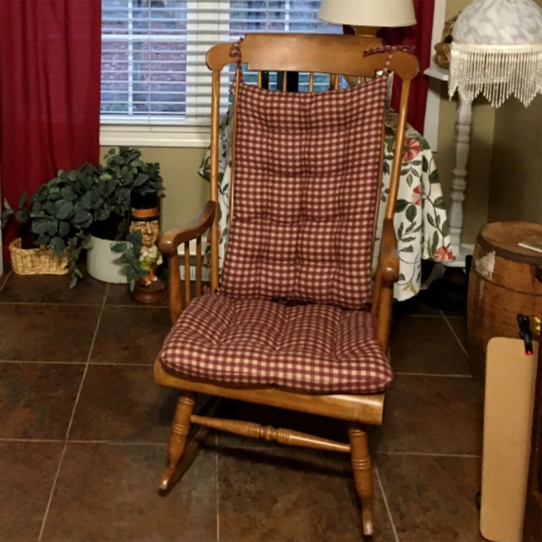 Farmhouse Check Dark Red & Tan Checkered Rocking Chair Cushions - Latex Foam Fill