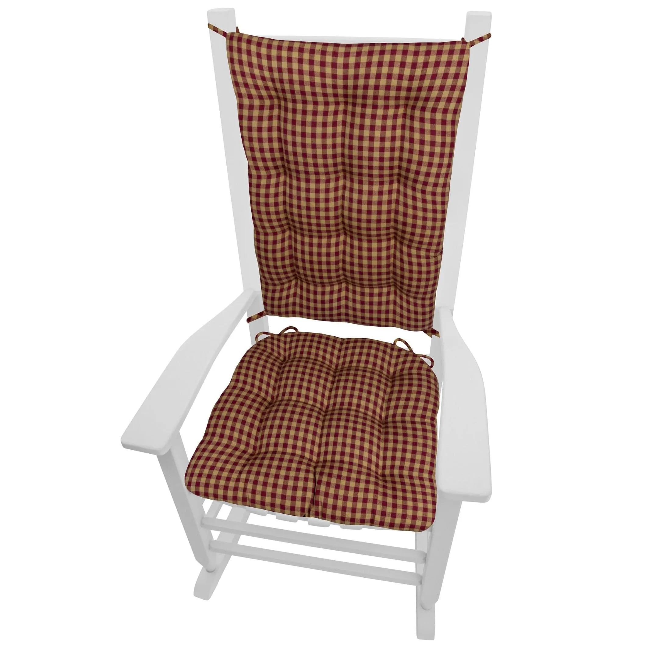Farmhouse Check Dark Red & Tan Checkered Rocking Chair Cushions - Latex Foam Fill