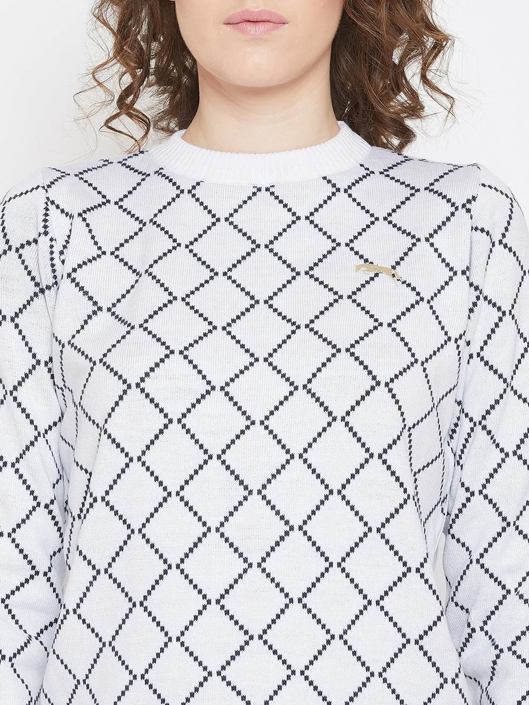 JUMP USA Women White & Navy Blue Acrylic Checked Sweater