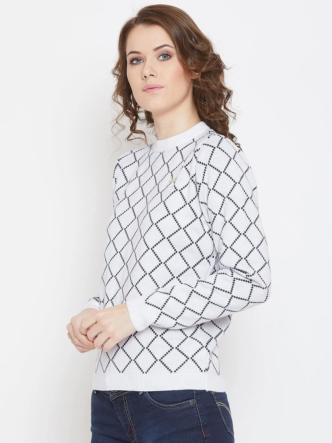 JUMP USA Women White & Navy Blue Acrylic Checked Sweater
