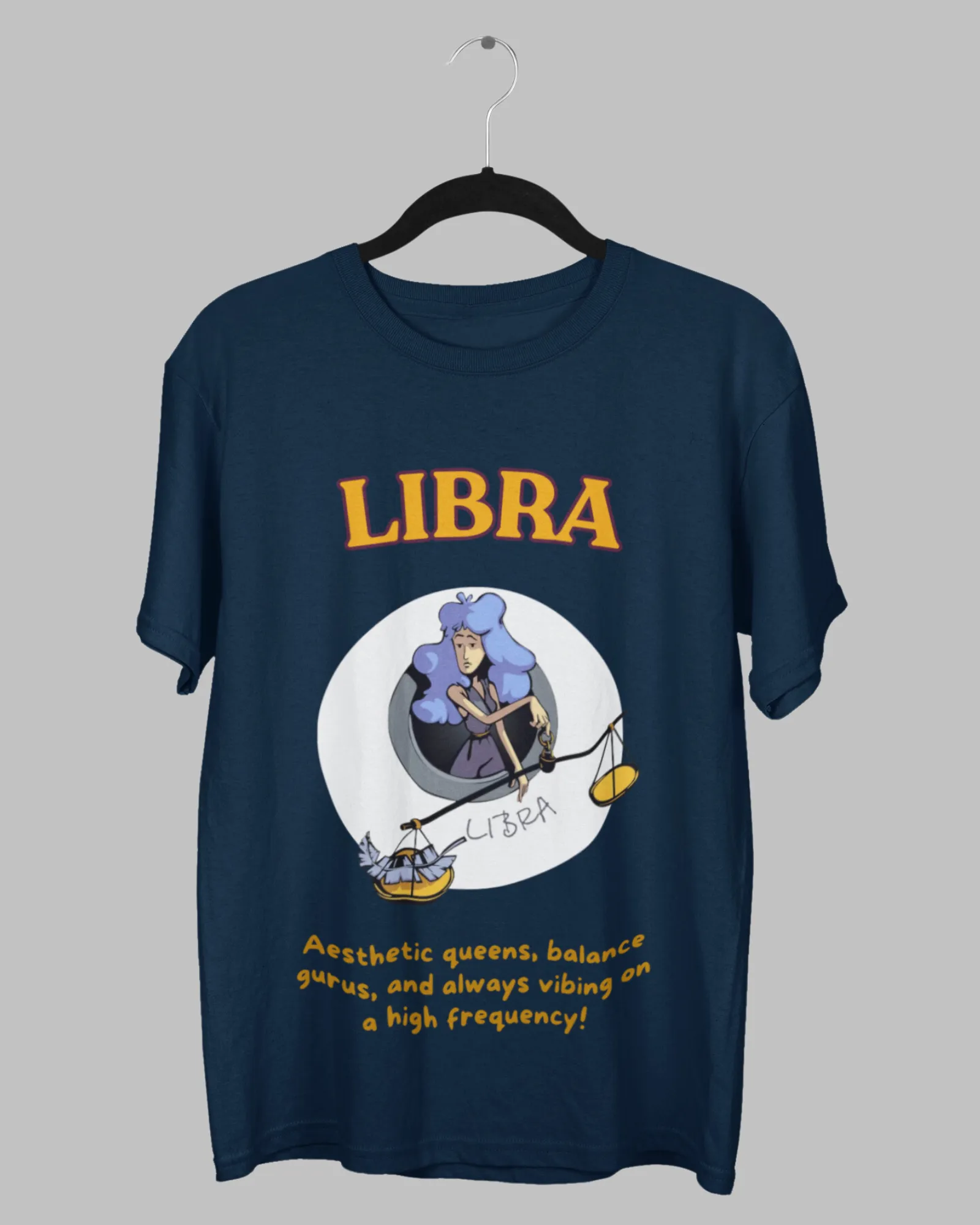 Libra Animated Zodiac Printed Oversized T-Shirt for Women - Navy