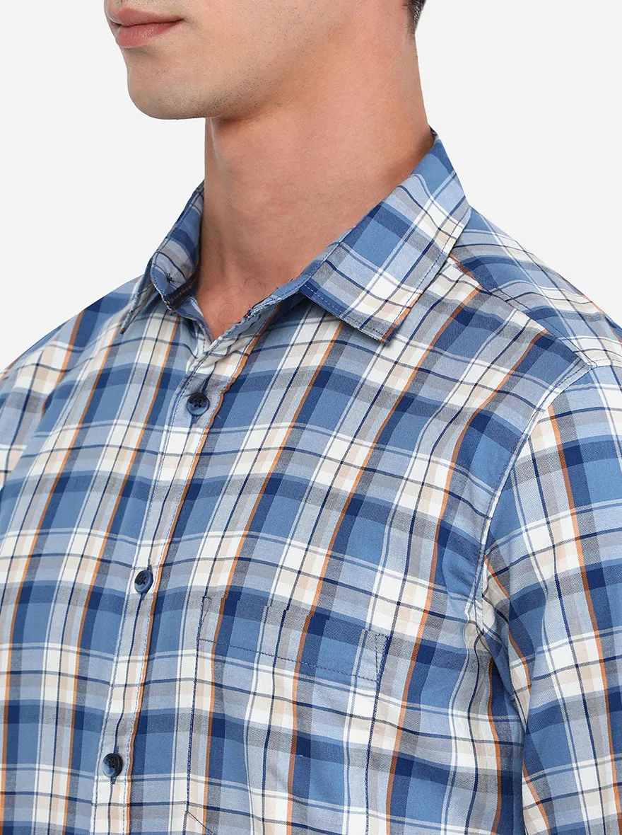 Light Blue & White Checked Slim Fit Semi Casual Shirt | JadeBlue
