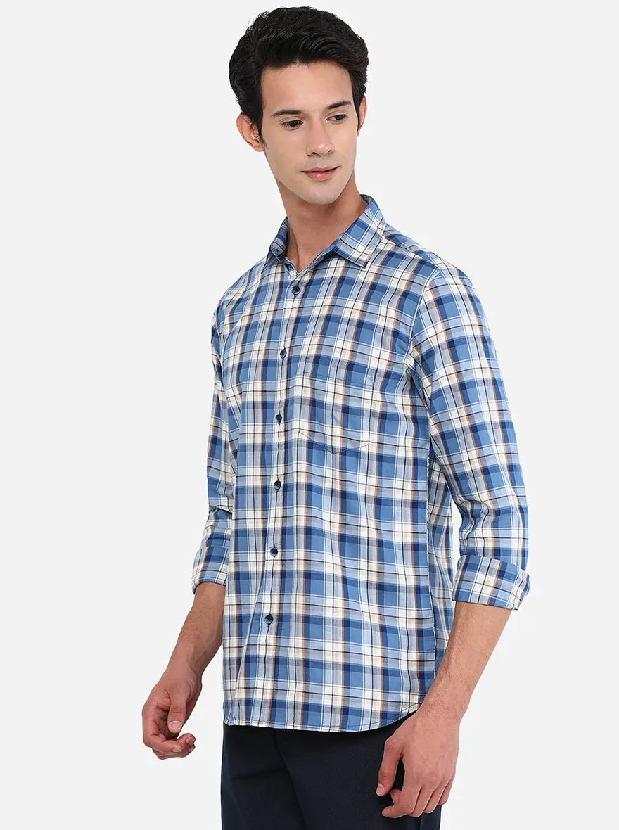 Light Blue & White Checked Slim Fit Semi Casual Shirt | JadeBlue