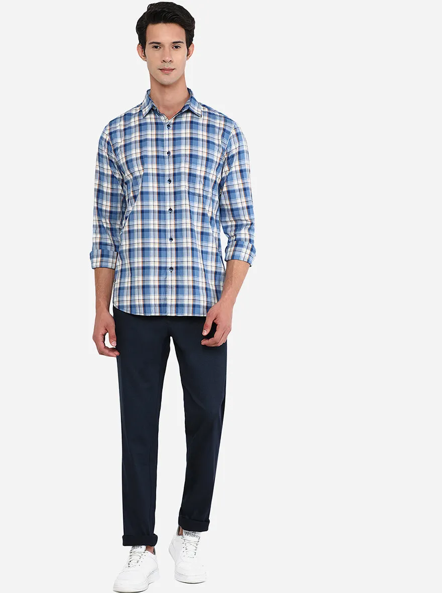 Light Blue & White Checked Slim Fit Semi Casual Shirt | JadeBlue