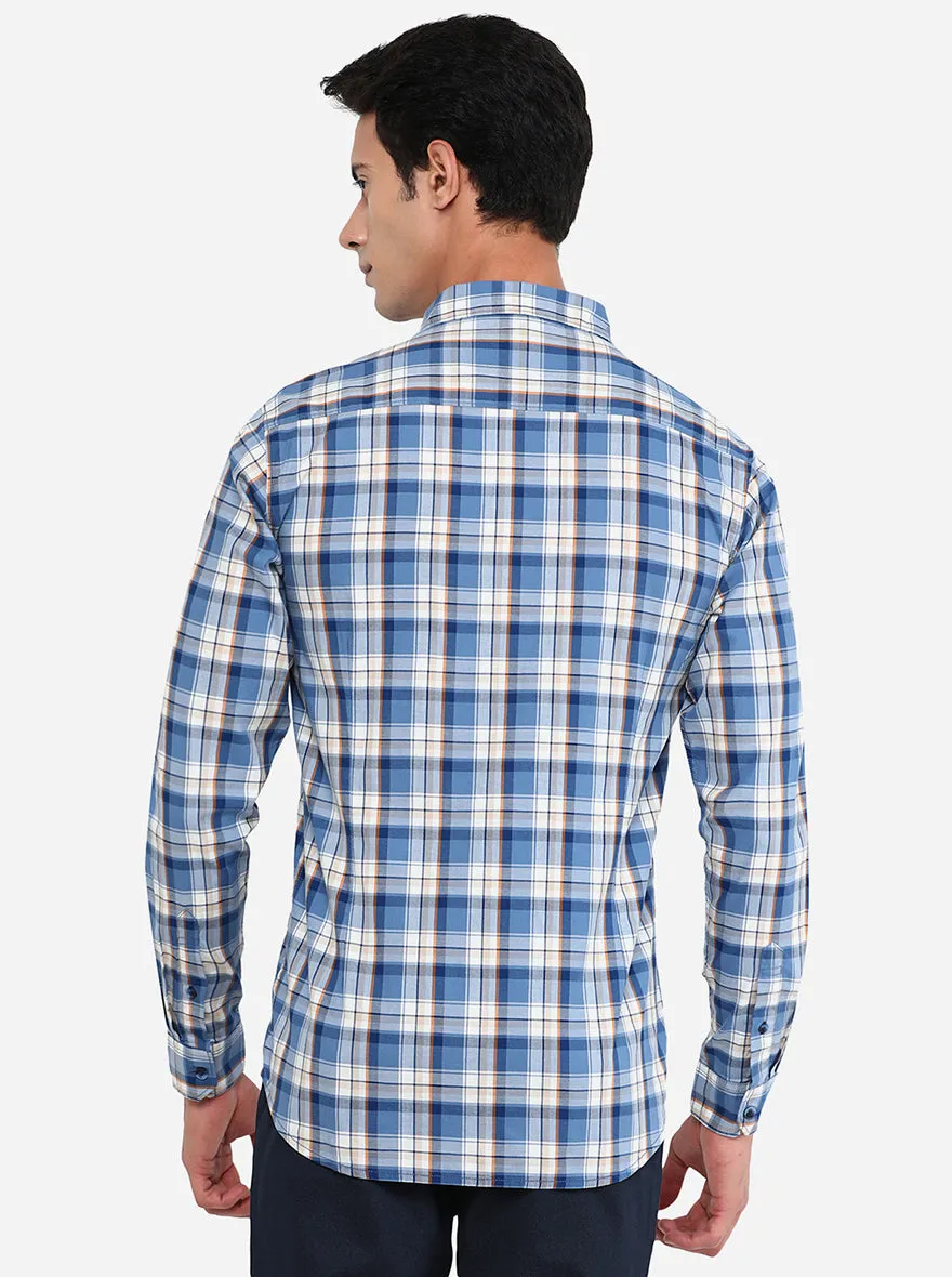 Light Blue & White Checked Slim Fit Semi Casual Shirt | JadeBlue