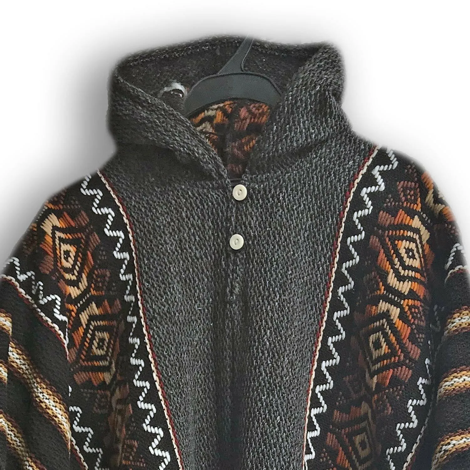 Llama Wool Unisex South American Handwoven Hooded Poncho - striped with diamonds pattern
