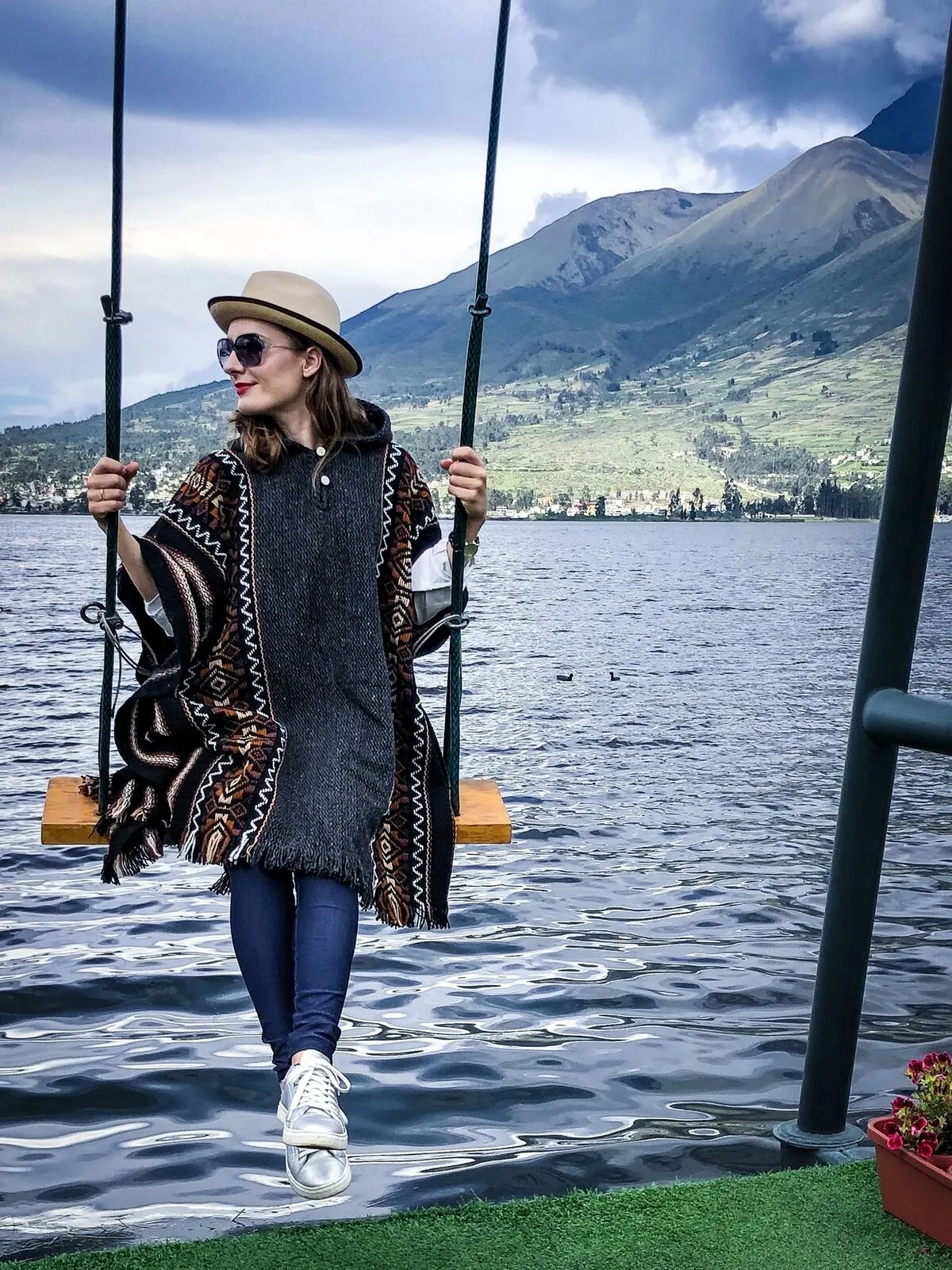Llama Wool Unisex South American Handwoven Hooded Poncho - striped with diamonds pattern