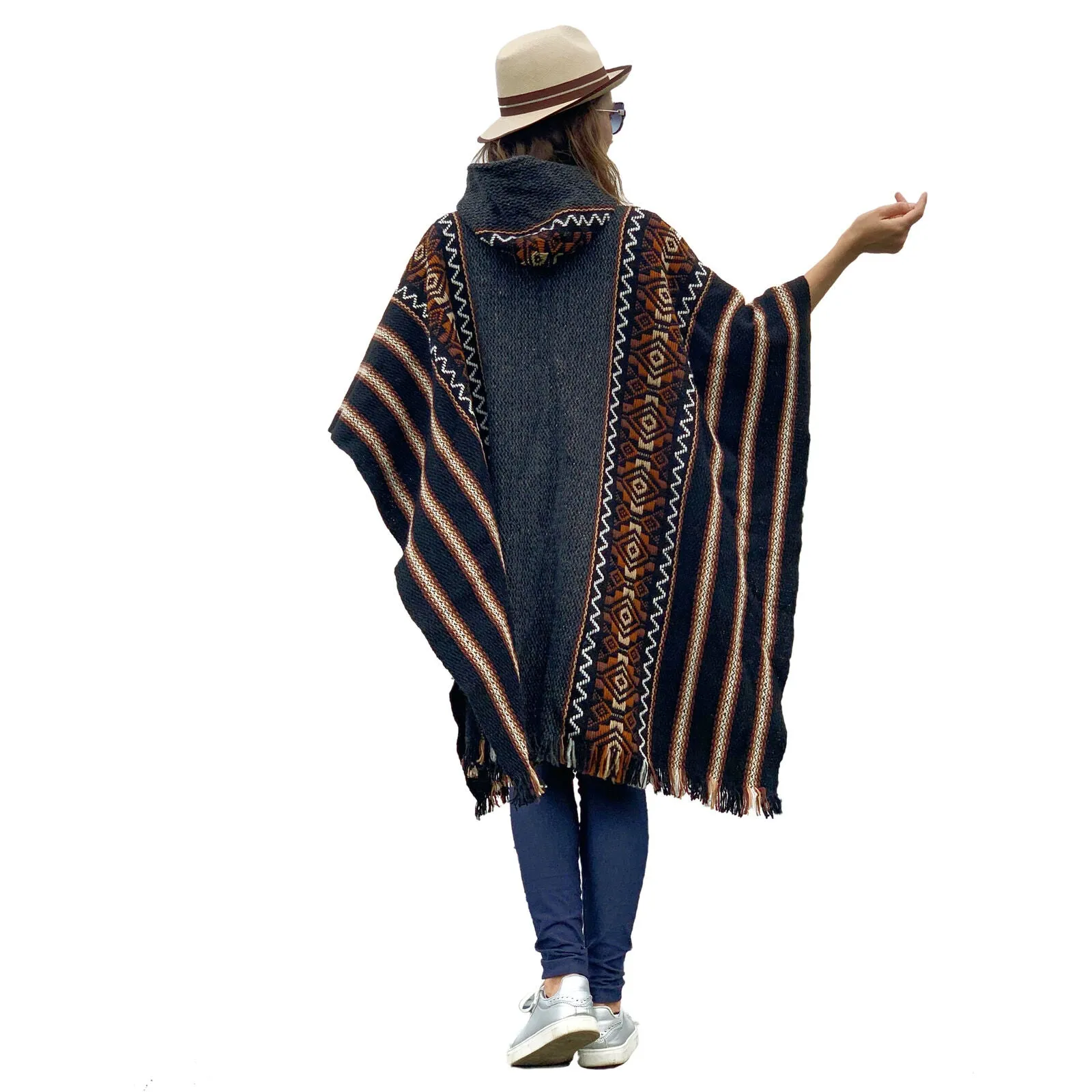 Llama Wool Unisex South American Handwoven Hooded Poncho - striped with diamonds pattern