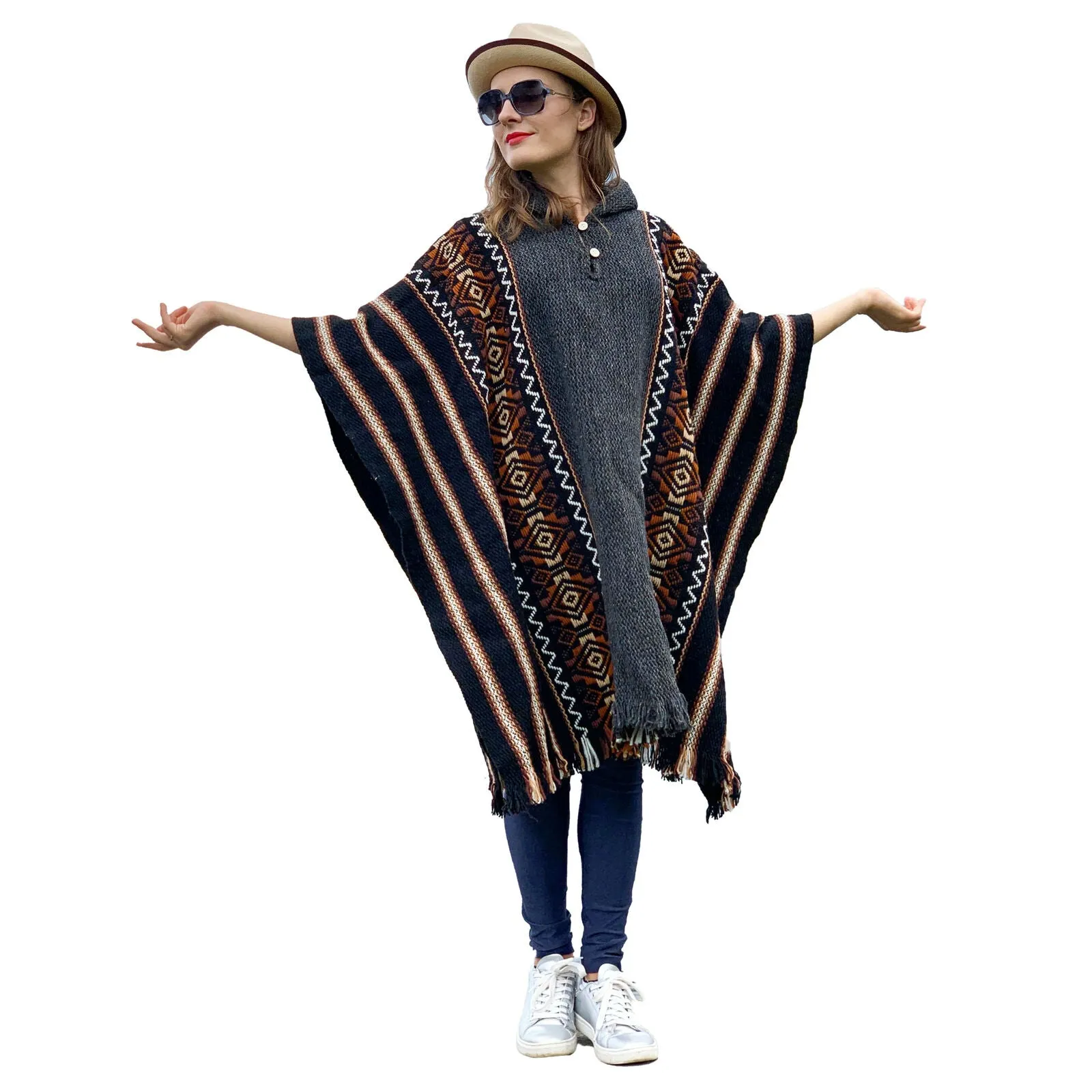 Llama Wool Unisex South American Handwoven Hooded Poncho - striped with diamonds pattern