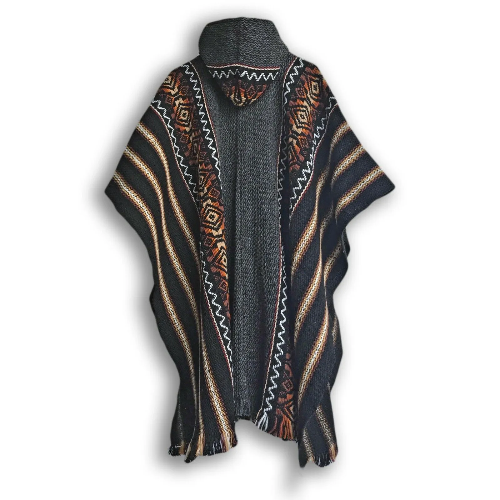 Llama Wool Unisex South American Handwoven Hooded Poncho - striped with diamonds pattern