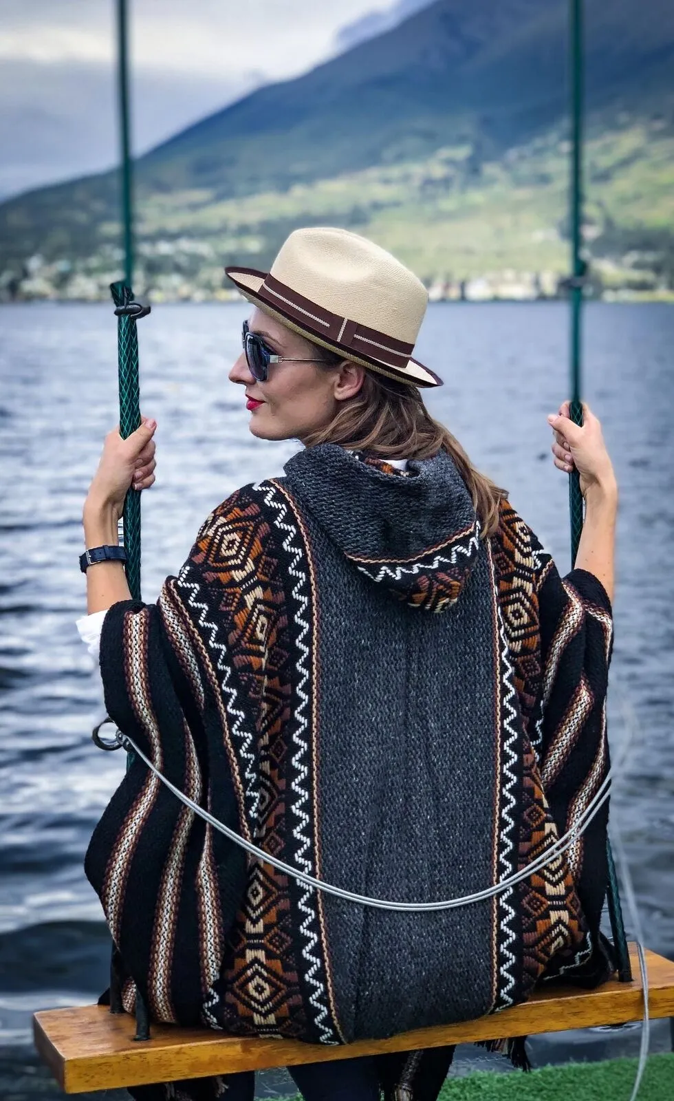 Llama Wool Unisex South American Handwoven Hooded Poncho - striped with diamonds pattern