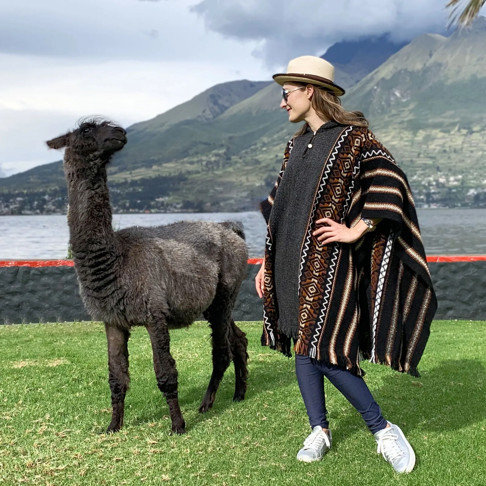 Llama Wool Unisex South American Handwoven Hooded Poncho - striped with diamonds pattern
