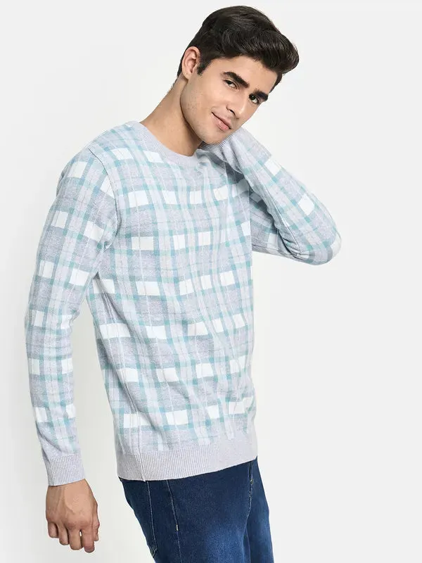 Men Grey Sea Green Checked Pullover Sweater