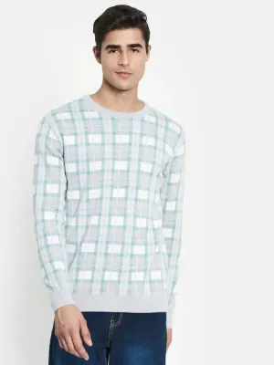 Men Grey Sea Green Checked Pullover Sweater
