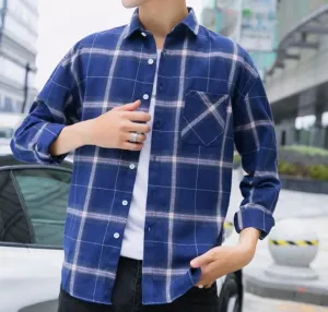 Mens Casual Long Sleeve Button Front Plaid Shirt in Blue