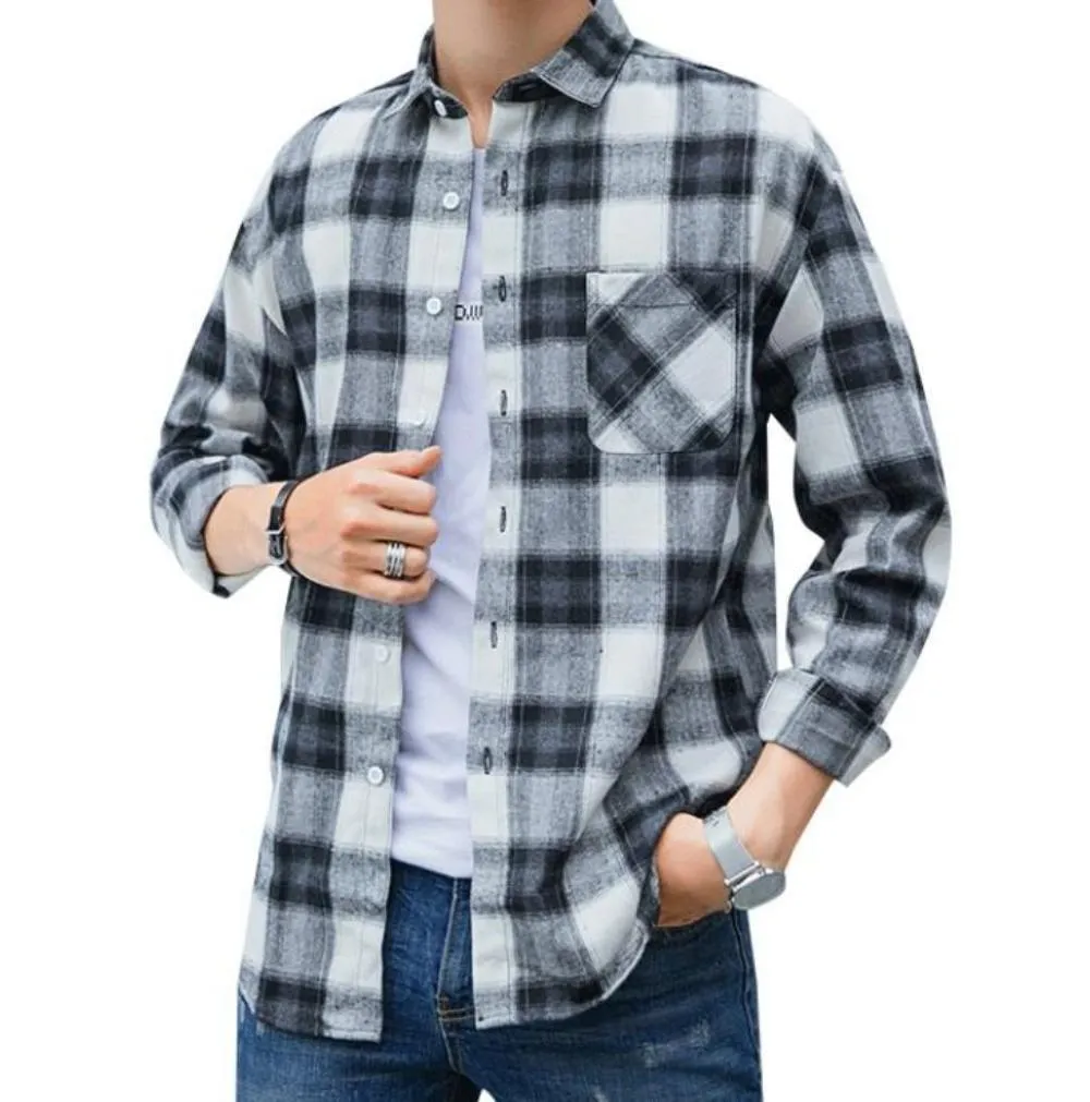 Mens Casual Long Sleeve Button Front Plaid Shirt in Blue
