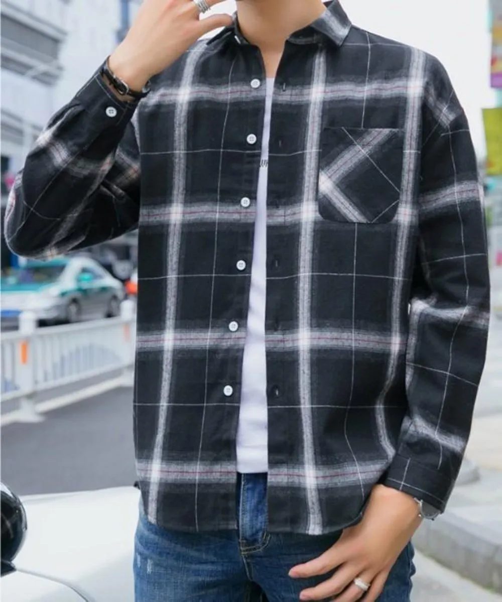 Mens Casual Long Sleeve Button Front Plaid Shirt in Blue