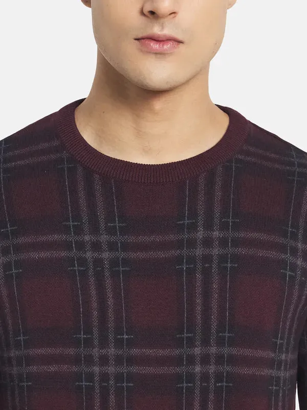 Mettle Men Maroon Black Cotton Checked Pullover