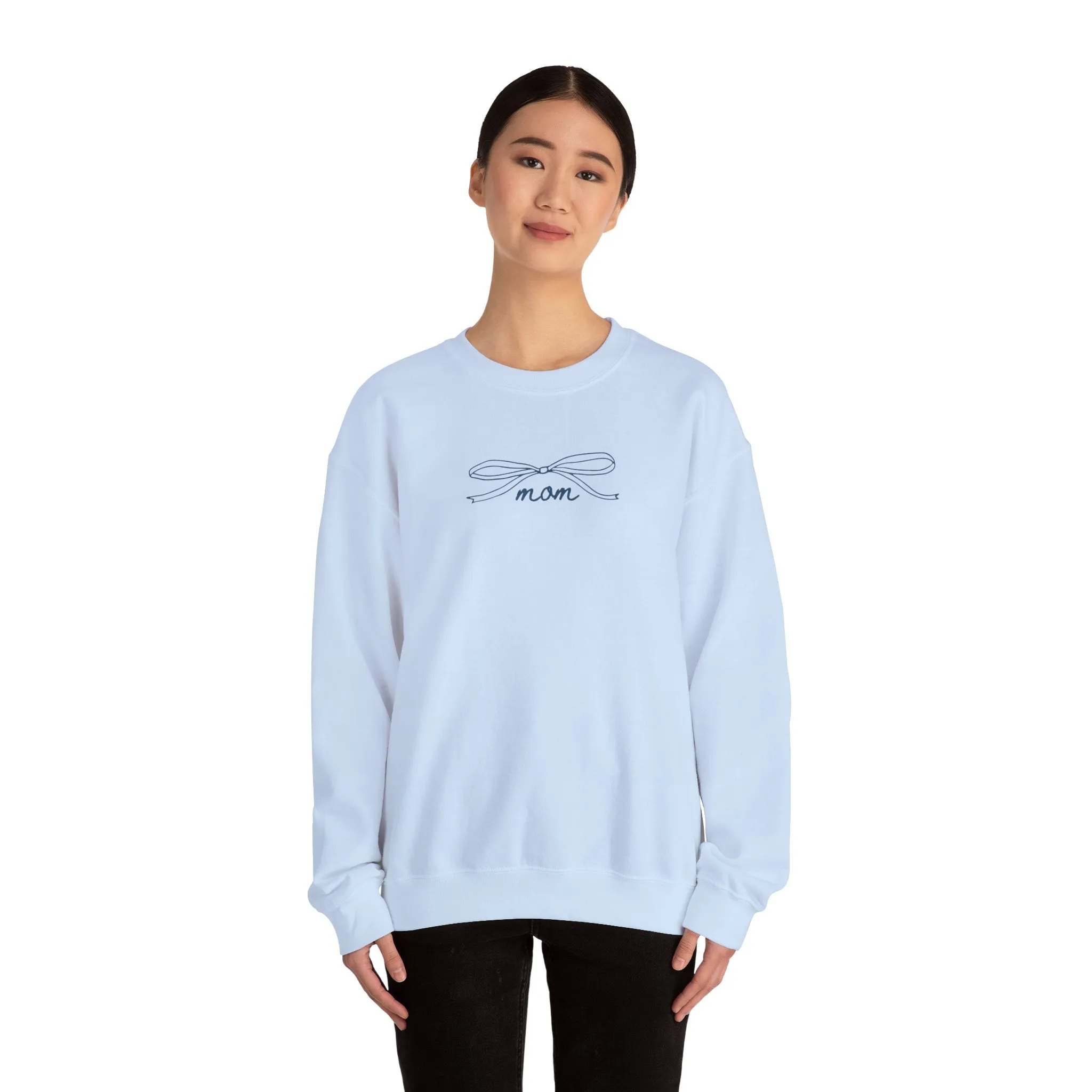 MOM Navy on Light Blue Bow Oversized Pullover Crewneck Sweatshirt
