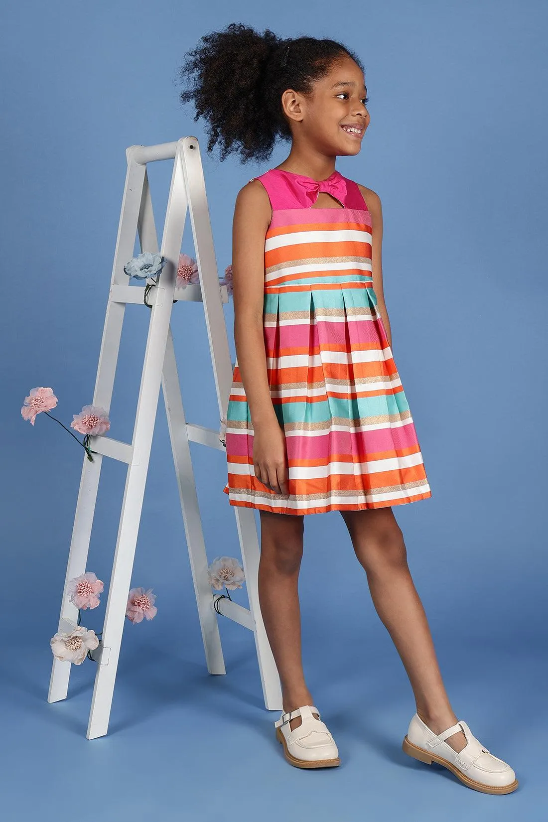 One Friday Girls Multicoloured Striped Sleeveless Dress