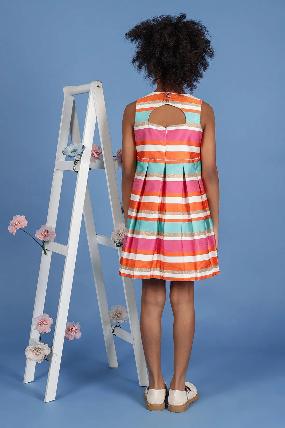 One Friday Girls Multicoloured Striped Sleeveless Dress