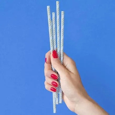 Pale Blue & Gold Striped Paper Straws (10 Pack)