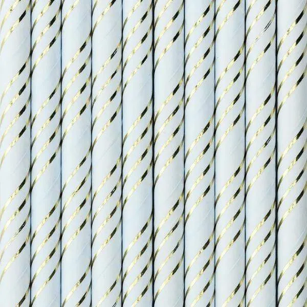 Pale Blue & Gold Striped Paper Straws (10 Pack)