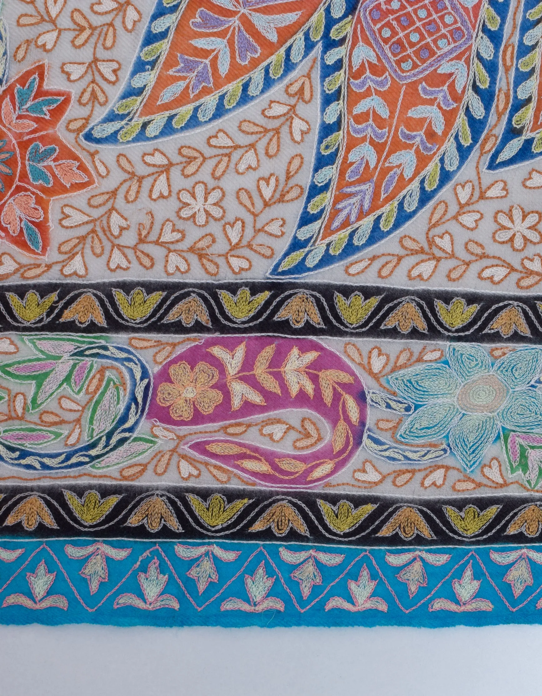 Pastel Grey Handwoven Kalamkari Sozni Embroidered Cashmere Pashmina Shawl