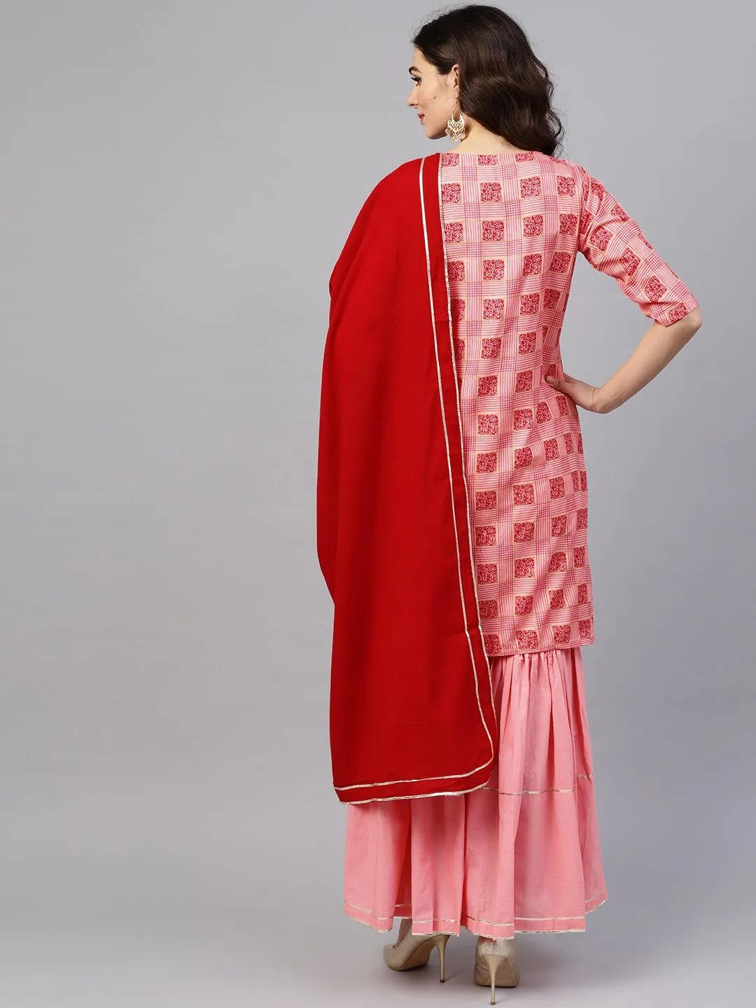 Peach 3/4Th Sleeve Printed Kurta Set With Sharara And Red Dupatta