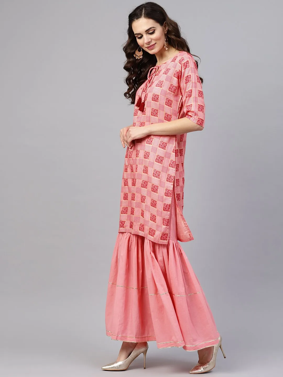 Peach 3/4Th Sleeve Printed Kurta Set With Sharara And Red Dupatta