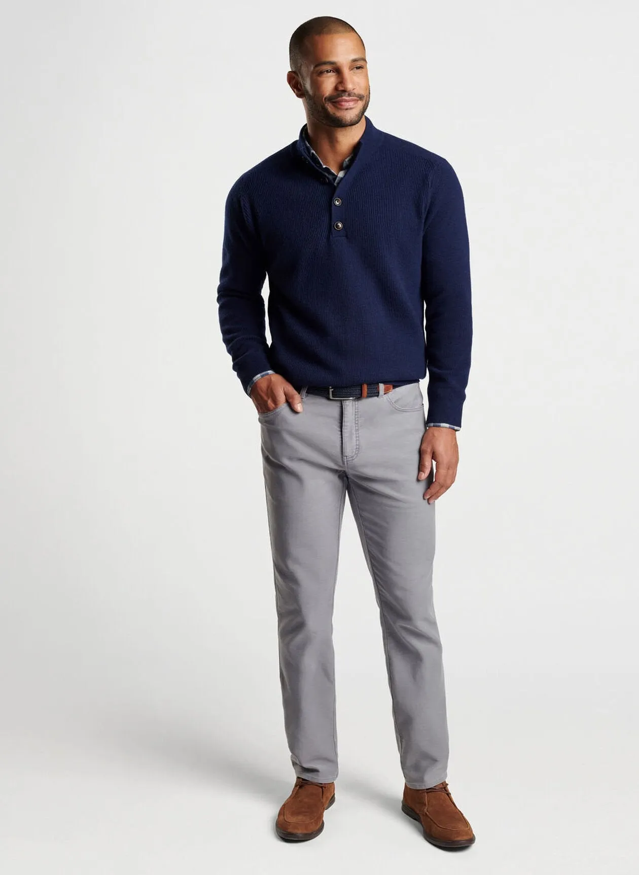 Peter Millar Ruxton Rib Button Mock Sweater-Navy