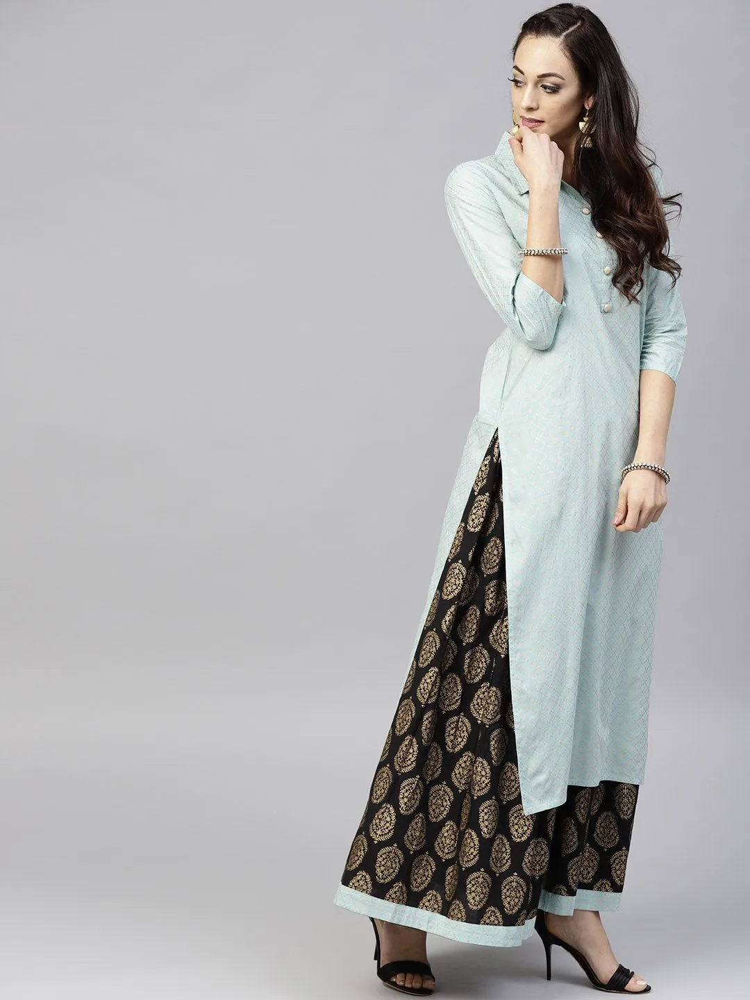 Powder Blue 3/4Th Sleeve Cotton Kurta With Black Printed Palazzo
