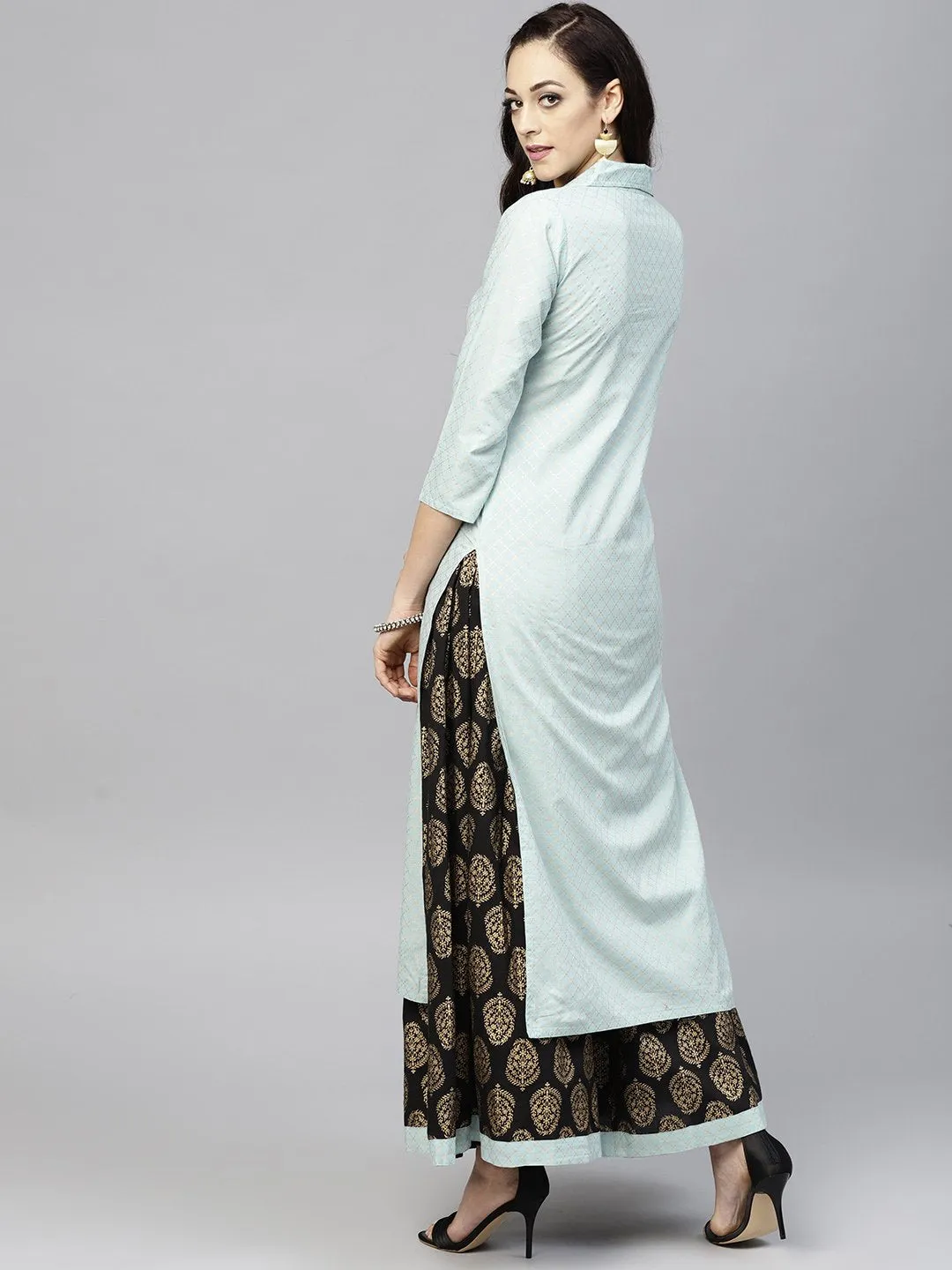 Powder Blue 3/4Th Sleeve Cotton Kurta With Black Printed Palazzo