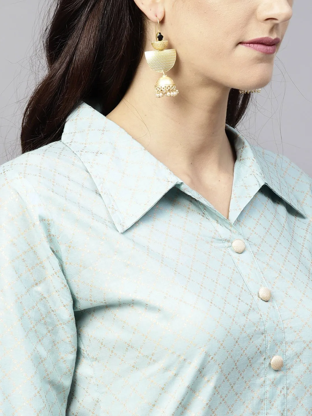 Powder Blue 3/4Th Sleeve Cotton Kurta With Black Printed Palazzo