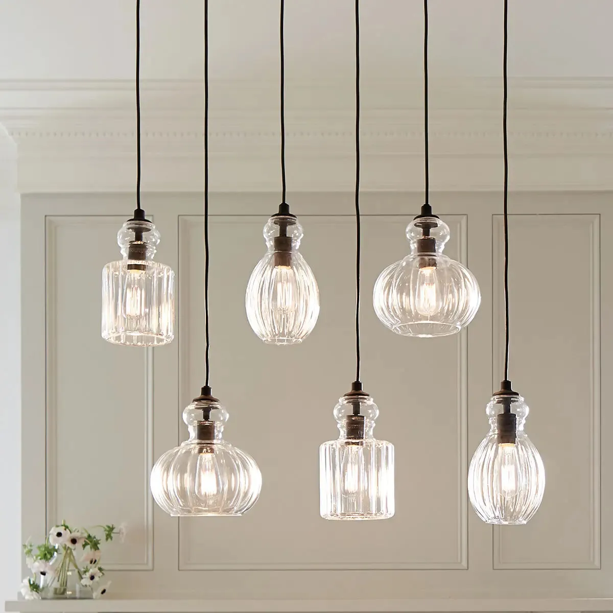 Riviera 36" 6-Light Linear Chandelier with Clear Ribbed Glass, Olde Bronze Finish