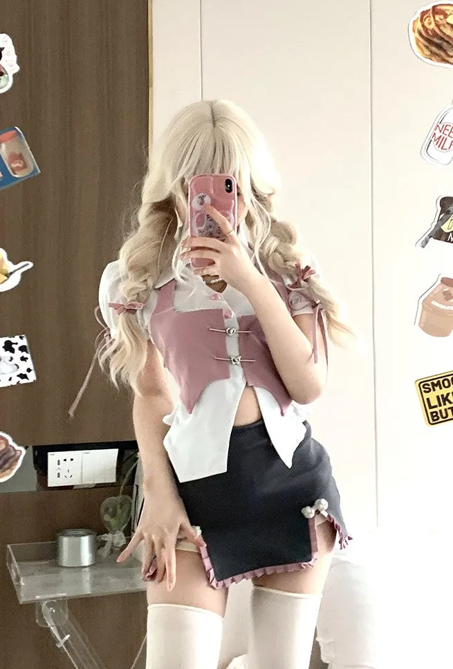 Serendipity Chinese Restaurant Waitress Pink Vest & White Shirt & Gray Mini Skirt Three Piece Set